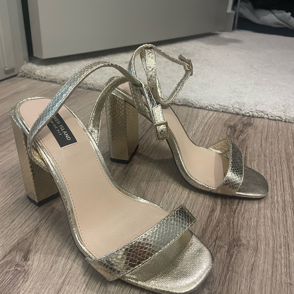 River Island Gold Chunky Heels with Ankle Strap